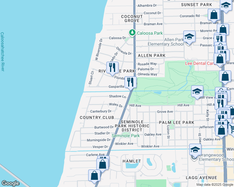 map of restaurants, bars, coffee shops, grocery stores, and more near 1356 Gasparilla Drive in Fort Myers