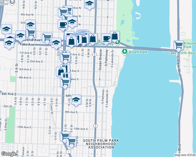 map of restaurants, bars, coffee shops, grocery stores, and more near 313 Ocean Breeze in Lake Worth
