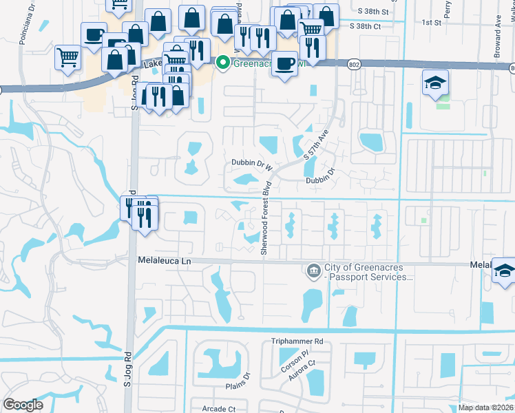 map of restaurants, bars, coffee shops, grocery stores, and more near 4169 Oak Terrace Drive in Greenacres
