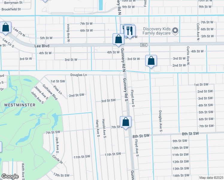map of restaurants, bars, coffee shops, grocery stores, and more near 121 Gilbert Avenue North in Lehigh Acres