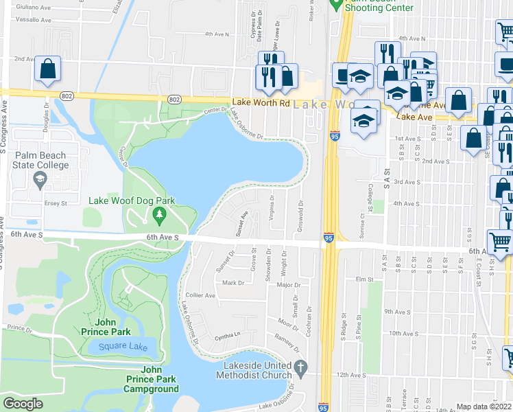 map of restaurants, bars, coffee shops, grocery stores, and more near 18 Sunset Avenue in Lake Worth