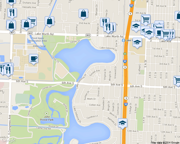 map of restaurants, bars, coffee shops, grocery stores, and more near 2102 Lake Osborne Drive in Lake Worth