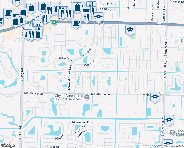 map of restaurants, bars, coffee shops, grocery stores, and more near 245 Pine High Occupancy Vehicle Circle in Greenacres
