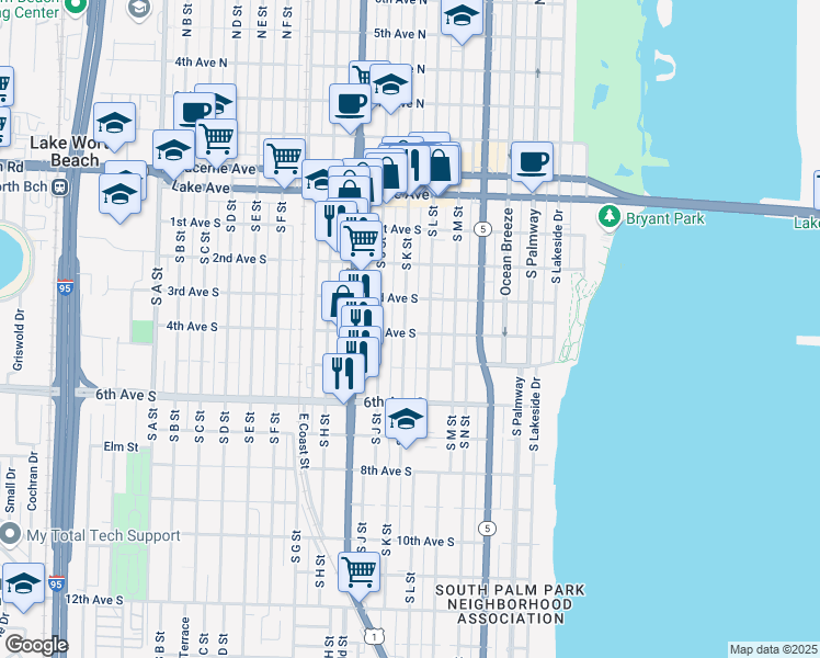 map of restaurants, bars, coffee shops, grocery stores, and more near 330 South K Street in Lake Worth