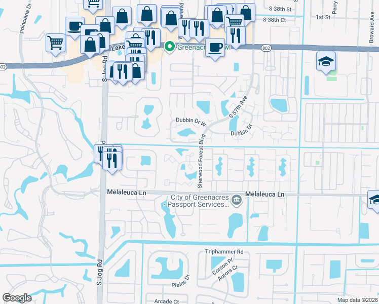 map of restaurants, bars, coffee shops, grocery stores, and more near 4147 Oak Terrace Drive in Greenacres