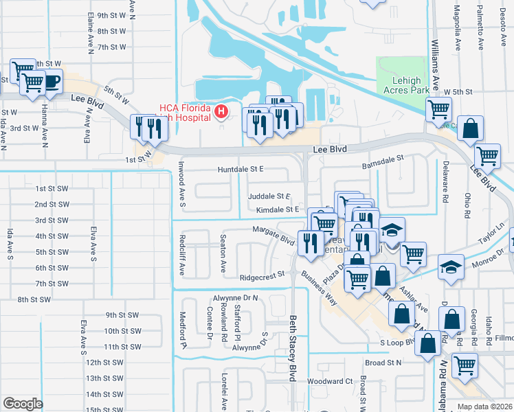 map of restaurants, bars, coffee shops, grocery stores, and more near 1418 Juddale Street East in Lehigh Acres
