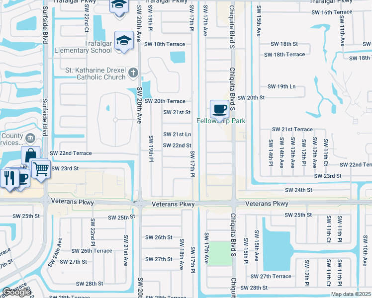 map of restaurants, bars, coffee shops, grocery stores, and more near 1726 Southwest 22nd Street in Cape Coral