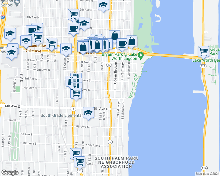 map of restaurants, bars, coffee shops, grocery stores, and more near 313 Ocean Breeze in Lake Worth