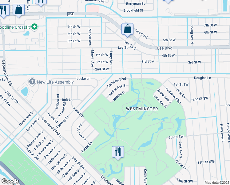 map of restaurants, bars, coffee shops, grocery stores, and more near 4794 Jordan Avenue South in Lehigh Acres