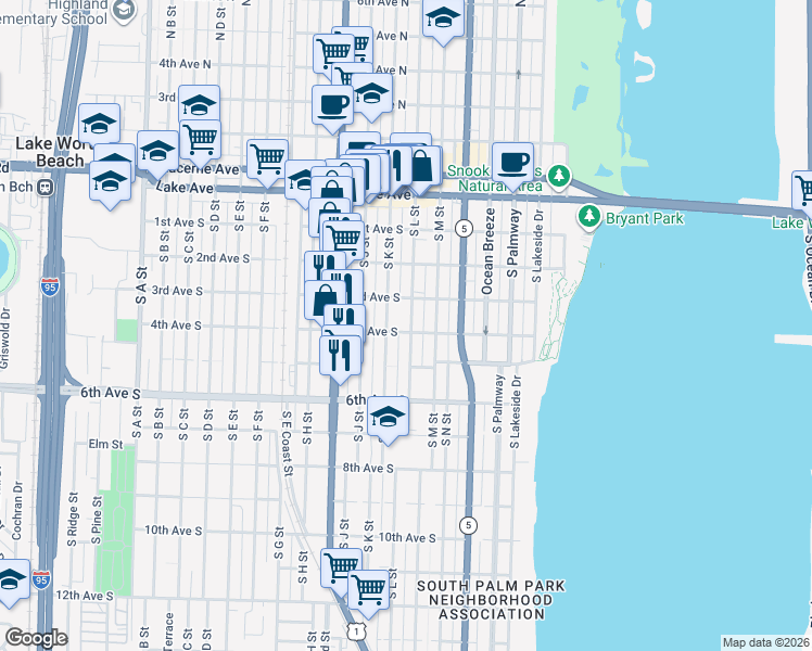 map of restaurants, bars, coffee shops, grocery stores, and more near 320 South K Street in Lake Worth