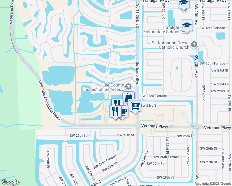 map of restaurants, bars, coffee shops, grocery stores, and more near 2525 Verdmont Court in Cape Coral