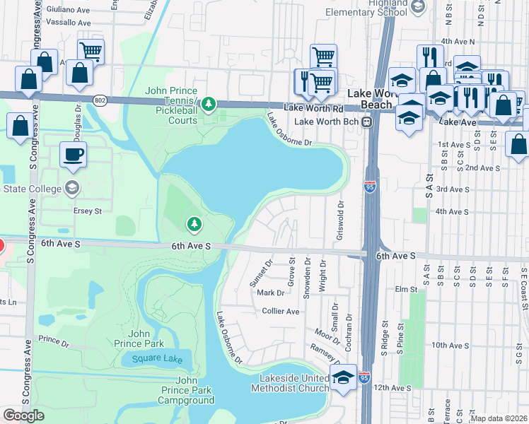 map of restaurants, bars, coffee shops, grocery stores, and more near 2102 Lake Osborne Drive in Lake Worth