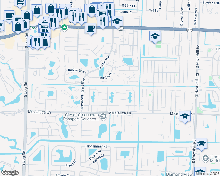map of restaurants, bars, coffee shops, grocery stores, and more near 245 Pine High Occupancy Vehicle Circle in Greenacres