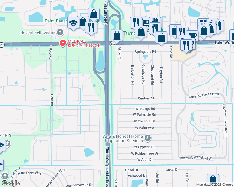 map of restaurants, bars, coffee shops, grocery stores, and more near 117 Akron Road in Lake Worth
