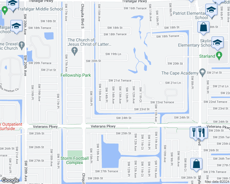 map of restaurants, bars, coffee shops, grocery stores, and more near 2139 Southwest 14th Avenue in Cape Coral