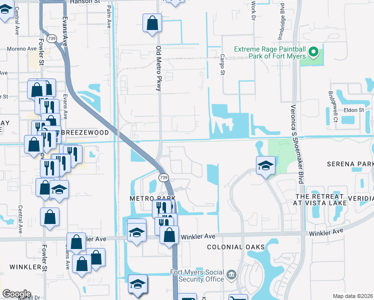 map of restaurants, bars, coffee shops, grocery stores, and more near 3638 Pine Oak Circle in Fort Myers