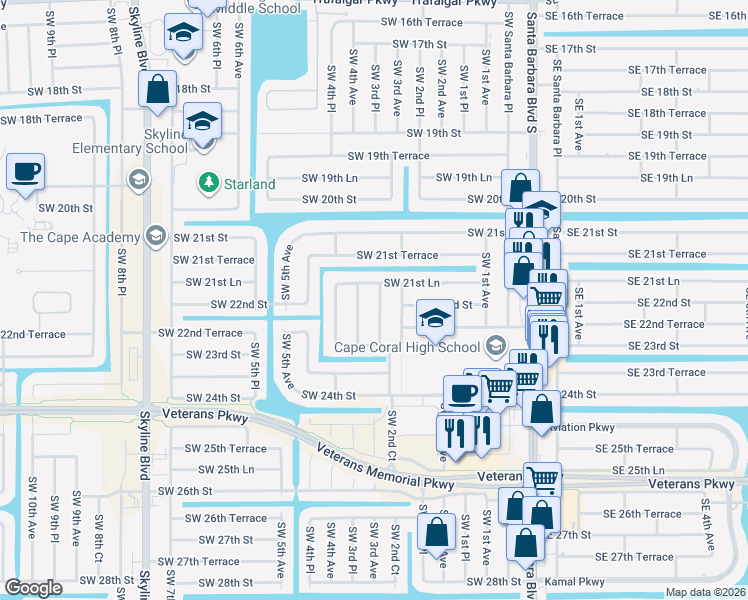 map of restaurants, bars, coffee shops, grocery stores, and more near 2142 Southwest 3rd Avenue in Cape Coral