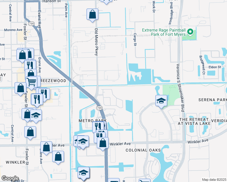 map of restaurants, bars, coffee shops, grocery stores, and more near 3638 Pine Oak Circle in Fort Myers