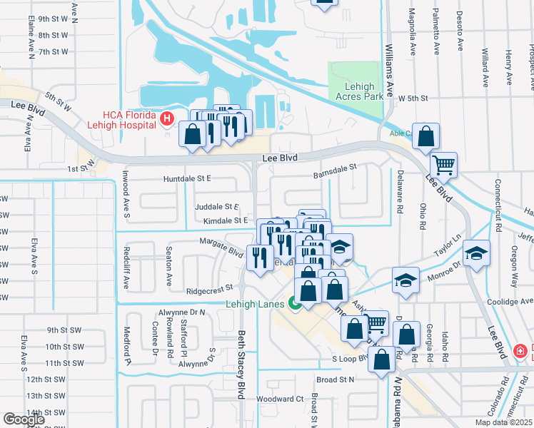 map of restaurants, bars, coffee shops, grocery stores, and more near 320 Fleetwood Avenue in Lehigh Acres