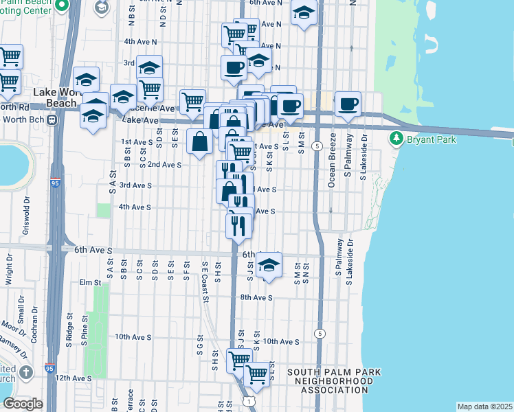 map of restaurants, bars, coffee shops, grocery stores, and more near 317 South J Street in Lake Worth