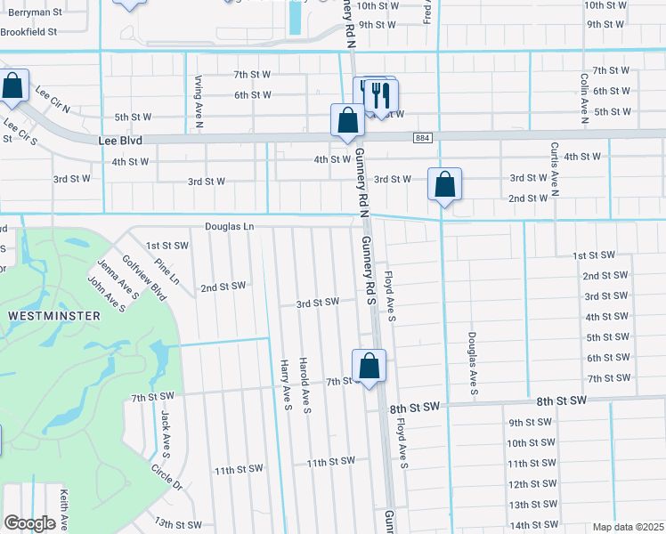 map of restaurants, bars, coffee shops, grocery stores, and more near 121 Gilbert Avenue North in Lehigh Acres
