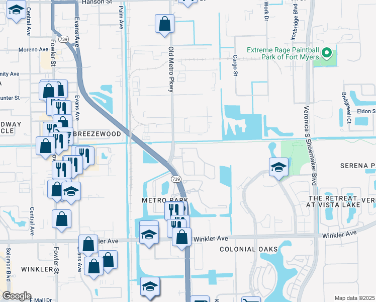 map of restaurants, bars, coffee shops, grocery stores, and more near 3644 Pine Oak Circle in Fort Myers