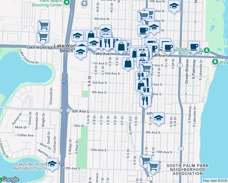 map of restaurants, bars, coffee shops, grocery stores, and more near 325 South D Street in Lake Worth Beach