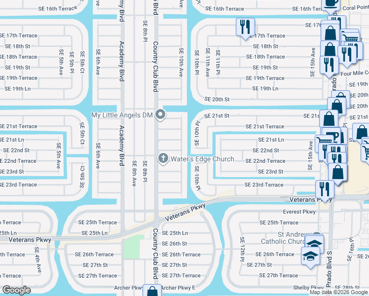 map of restaurants, bars, coffee shops, grocery stores, and more near 2149 Southeast 10th Avenue in Cape Coral