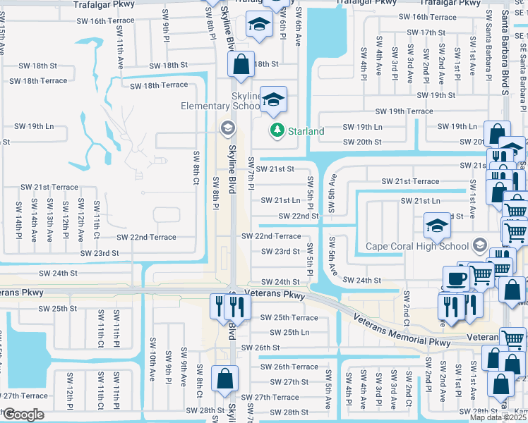 map of restaurants, bars, coffee shops, grocery stores, and more near 625 Southwest 22nd Street in Cape Coral