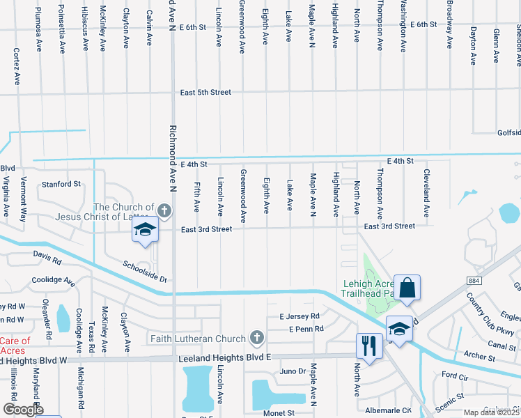 map of restaurants, bars, coffee shops, grocery stores, and more near 307 Eighth Avenue in Lehigh Acres