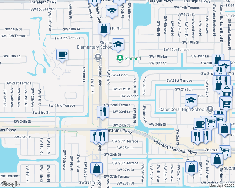 map of restaurants, bars, coffee shops, grocery stores, and more near 625 Southwest 22nd Street in Cape Coral