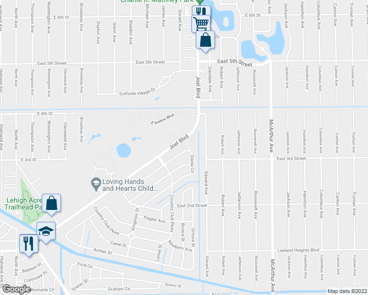 map of restaurants, bars, coffee shops, grocery stores, and more near 368 Garland Court in Lehigh Acres