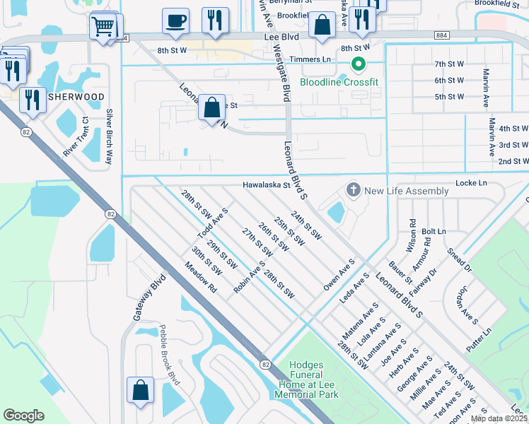 map of restaurants, bars, coffee shops, grocery stores, and more near 5225 25th Street Southwest in Lehigh Acres