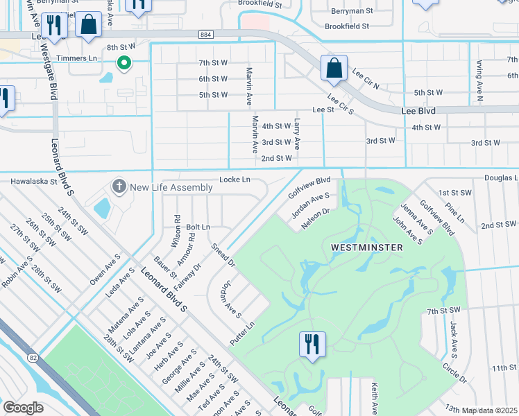 map of restaurants, bars, coffee shops, grocery stores, and more near 2123 Fairway Drive in Lehigh Acres