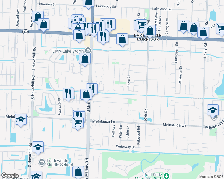 map of restaurants, bars, coffee shops, grocery stores, and more near 4498 Flows Way in Lake Worth