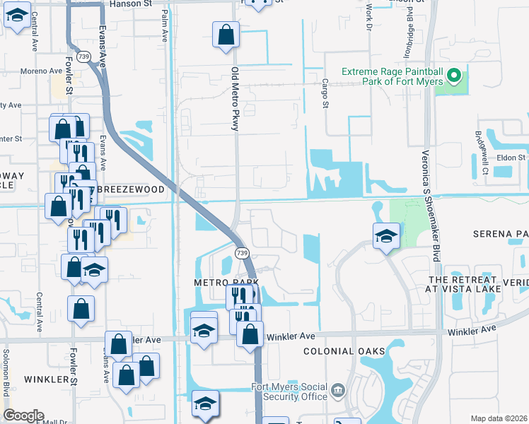map of restaurants, bars, coffee shops, grocery stores, and more near 3643 Pine Oak Circle in Fort Myers