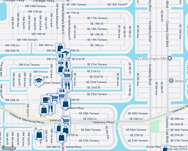 map of restaurants, bars, coffee shops, grocery stores, and more near 207 Southeast 22nd Street in Cape Coral