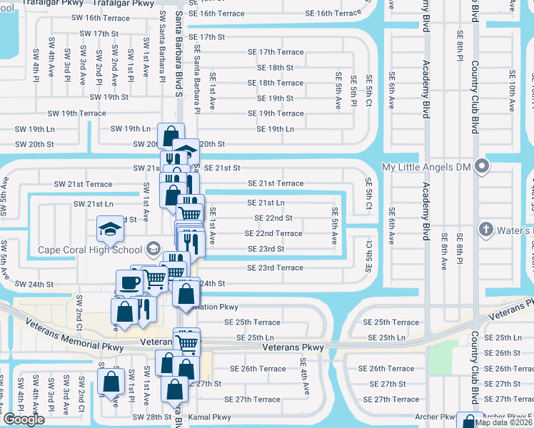 map of restaurants, bars, coffee shops, grocery stores, and more near 207 Southeast 22nd Street in Cape Coral