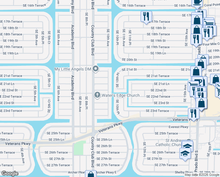 map of restaurants, bars, coffee shops, grocery stores, and more near 2149 Southeast 10th Avenue in Cape Coral