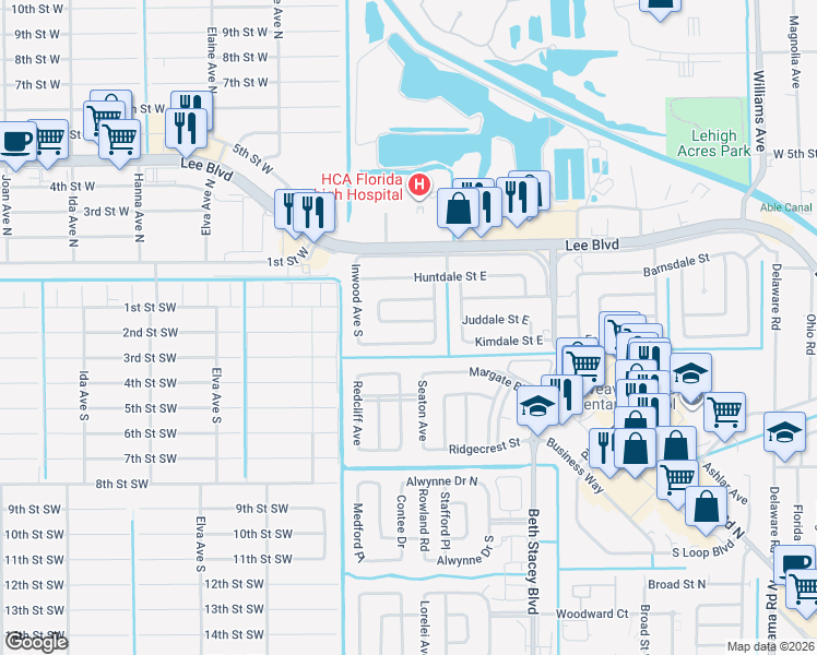 map of restaurants, bars, coffee shops, grocery stores, and more near 1510 Lindale Circle in Lehigh Acres