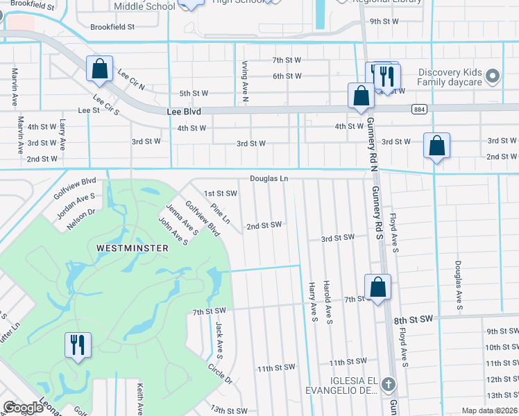 map of restaurants, bars, coffee shops, grocery stores, and more near 121 Ichabod Avenue in Lehigh Acres