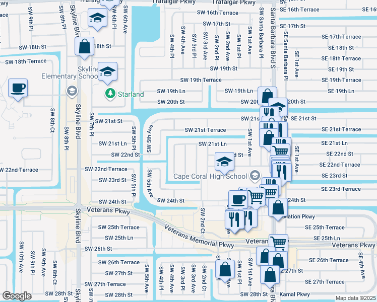 map of restaurants, bars, coffee shops, grocery stores, and more near 2141 Southwest 3rd Place in Cape Coral