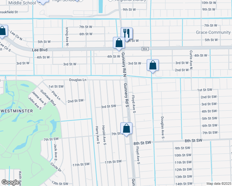 map of restaurants, bars, coffee shops, grocery stores, and more near 121 Gilbert Avenue North in Lehigh Acres