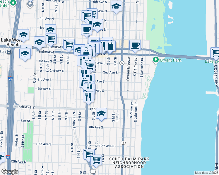 map of restaurants, bars, coffee shops, grocery stores, and more near 320 South K Street in Lake Worth