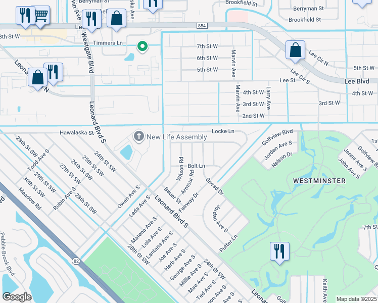 map of restaurants, bars, coffee shops, grocery stores, and more near 2119 Wilson Road in Lehigh Acres