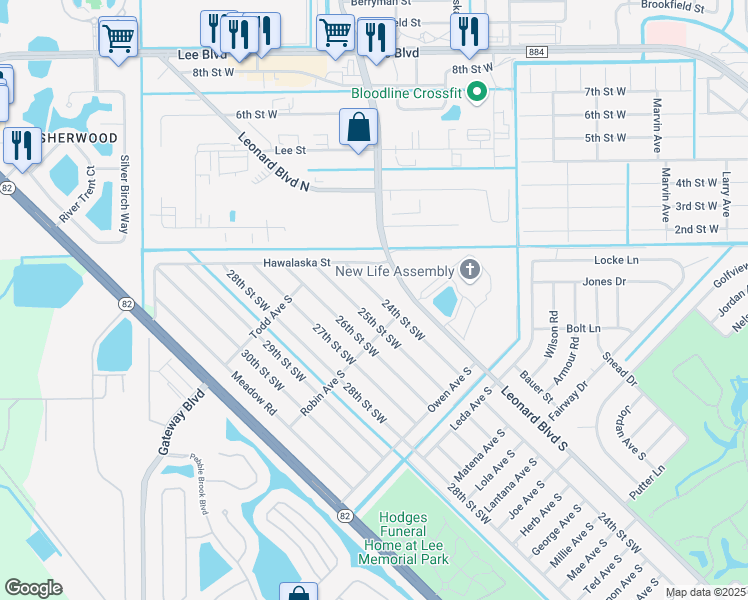 map of restaurants, bars, coffee shops, grocery stores, and more near 5210 24th Street Southwest in Lehigh Acres