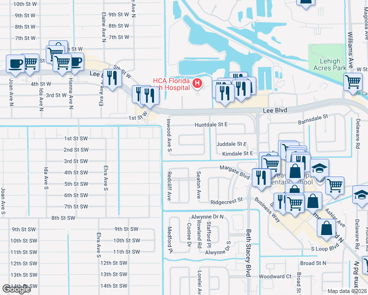 map of restaurants, bars, coffee shops, grocery stores, and more near 1510 Lindale Circle in Lehigh Acres