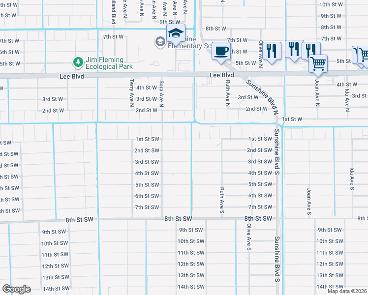 map of restaurants, bars, coffee shops, grocery stores, and more near 3400 2nd Street Southwest in Lehigh Acres