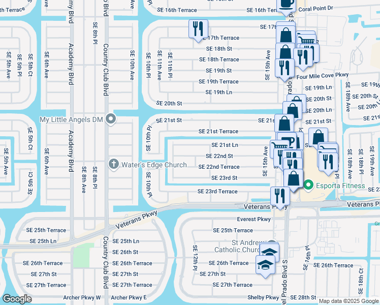 map of restaurants, bars, coffee shops, grocery stores, and more near 1121 Southeast 22nd Street in Cape Coral
