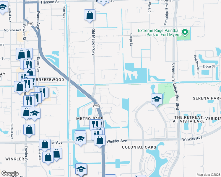 map of restaurants, bars, coffee shops, grocery stores, and more near 3638 Pine Oak Circle in Fort Myers